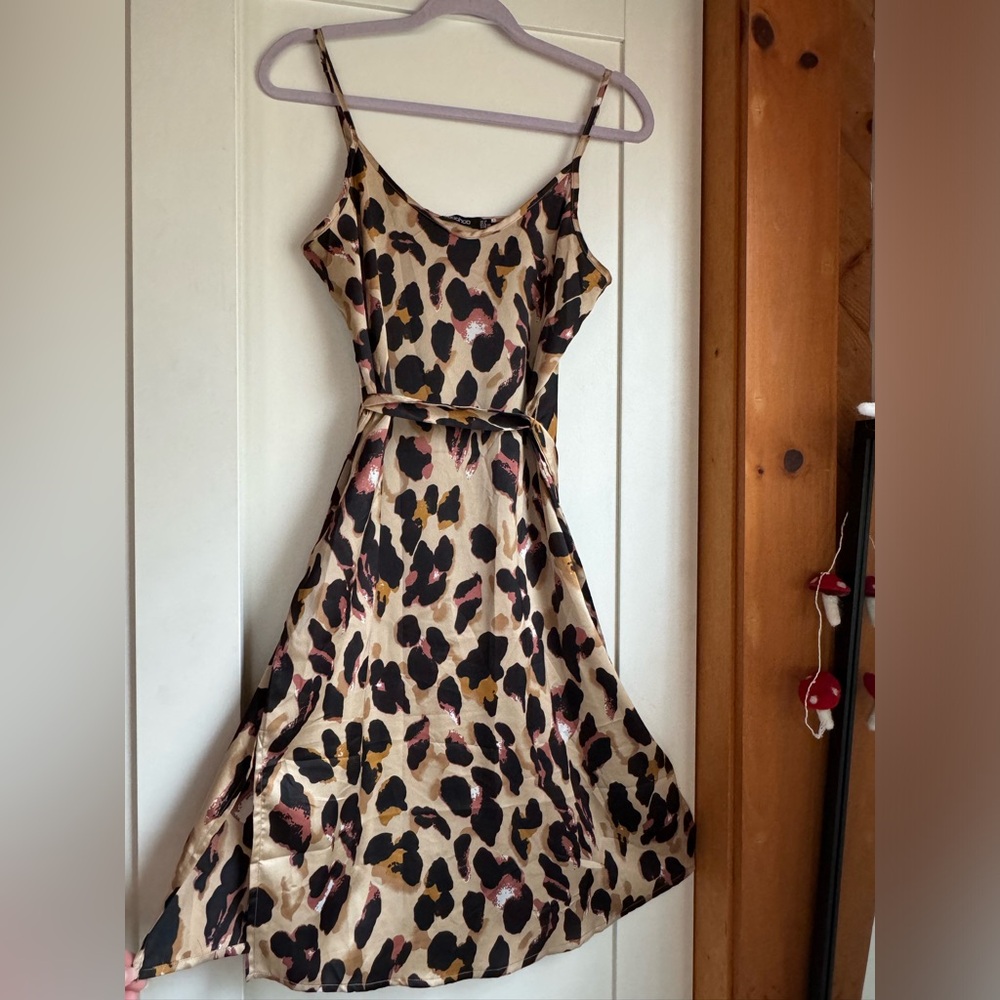 Boohoo Petite Leopard Print Satin Strappy Midi Dress - Brown
